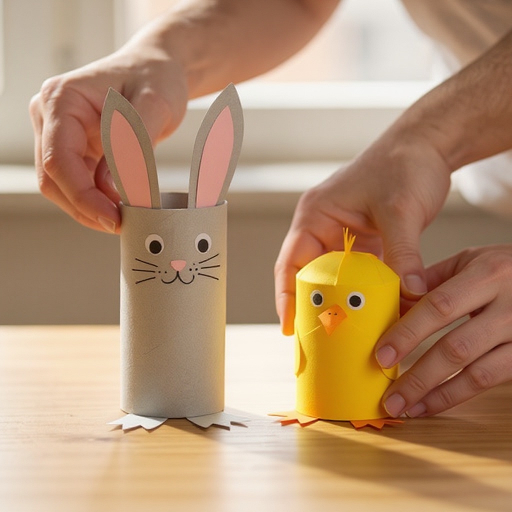 Step 1: **Prepare the Bunny Bodies:** Take two of the toilet paper rolls and gently flat