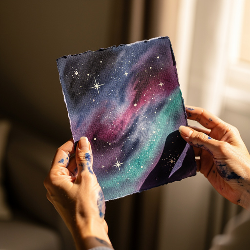 Simple Watercolor Galaxy Art held in hand