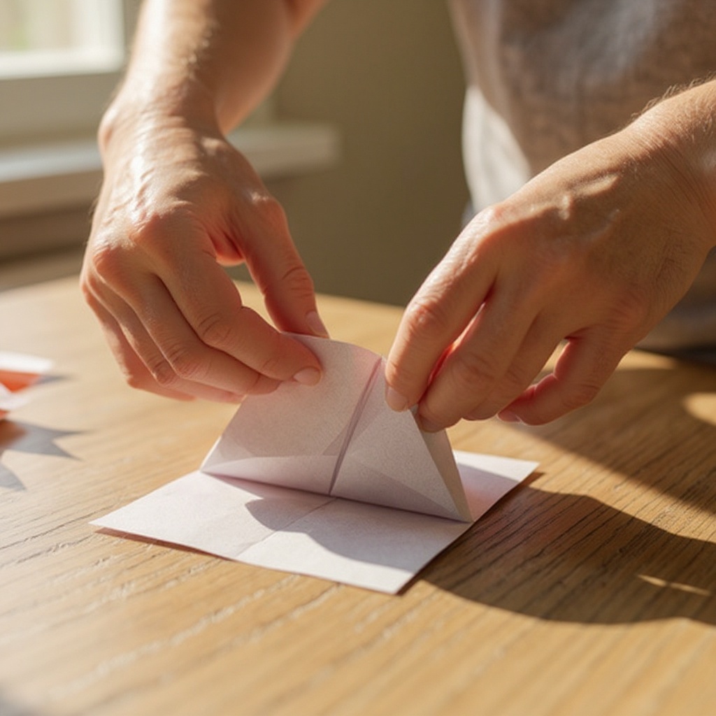 Step 2: Fold the paper in half diagonally to create a triangle, then unfold. Align the c