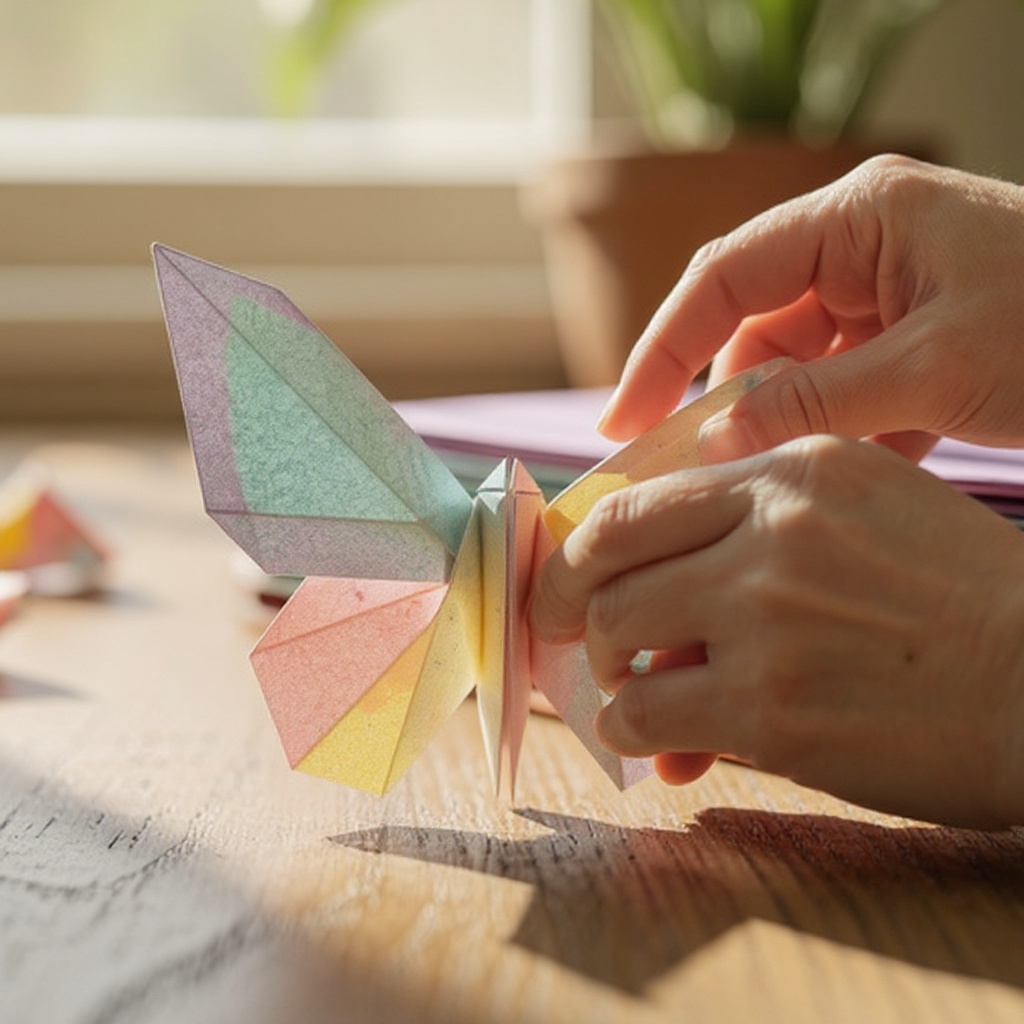 Step 13: Gently fold the entire butterfly in half vertically along the center crease. Thi