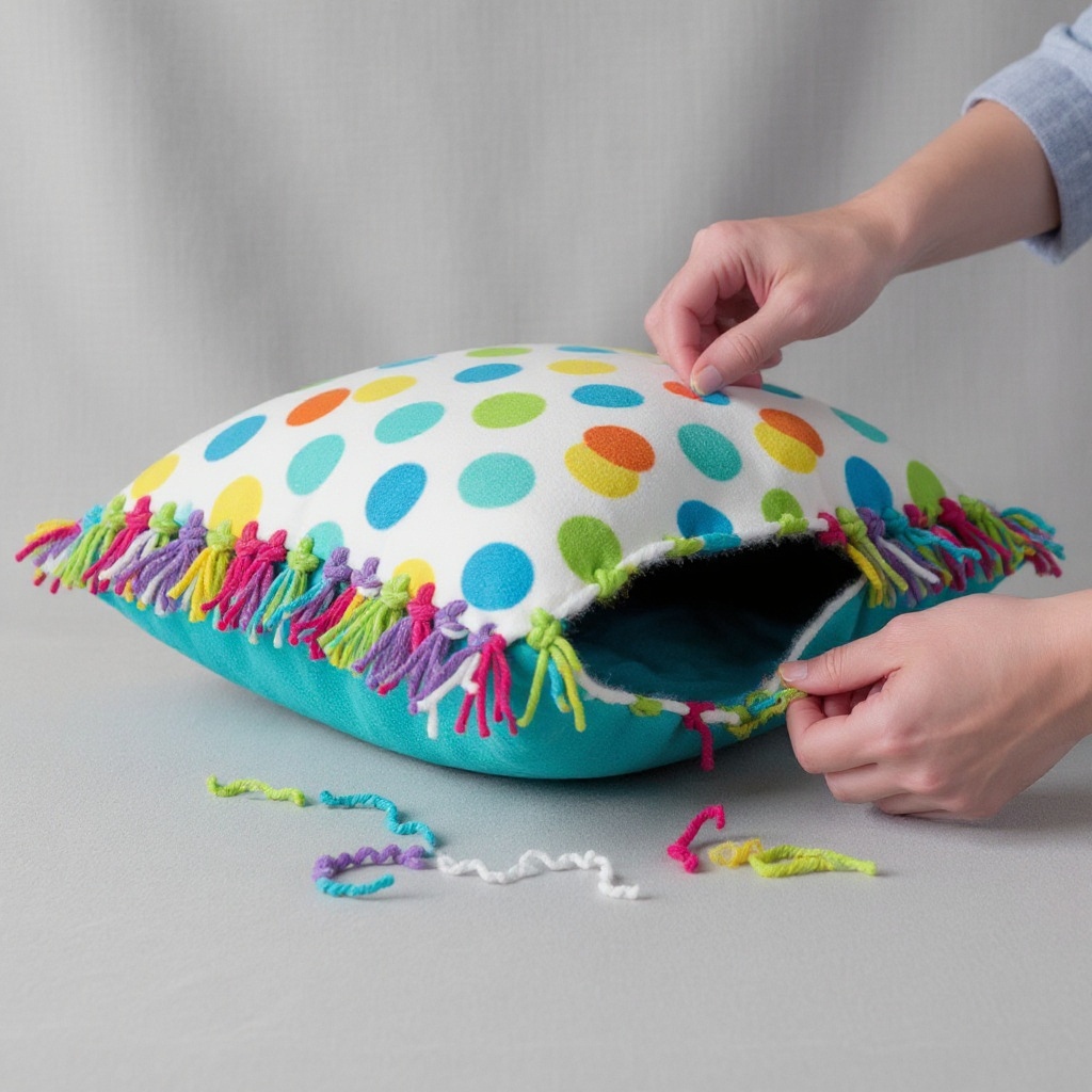 Step 8: Continue tying the fringe strips together all the way around the pillow. As you 