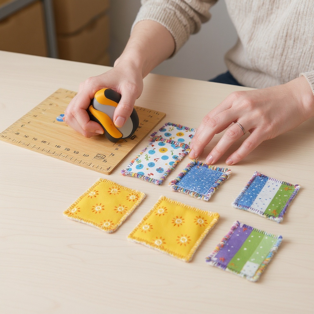 Step 1: Cut your four fabric scraps into 5x5 inch squares. Ensure your cuts are as preci