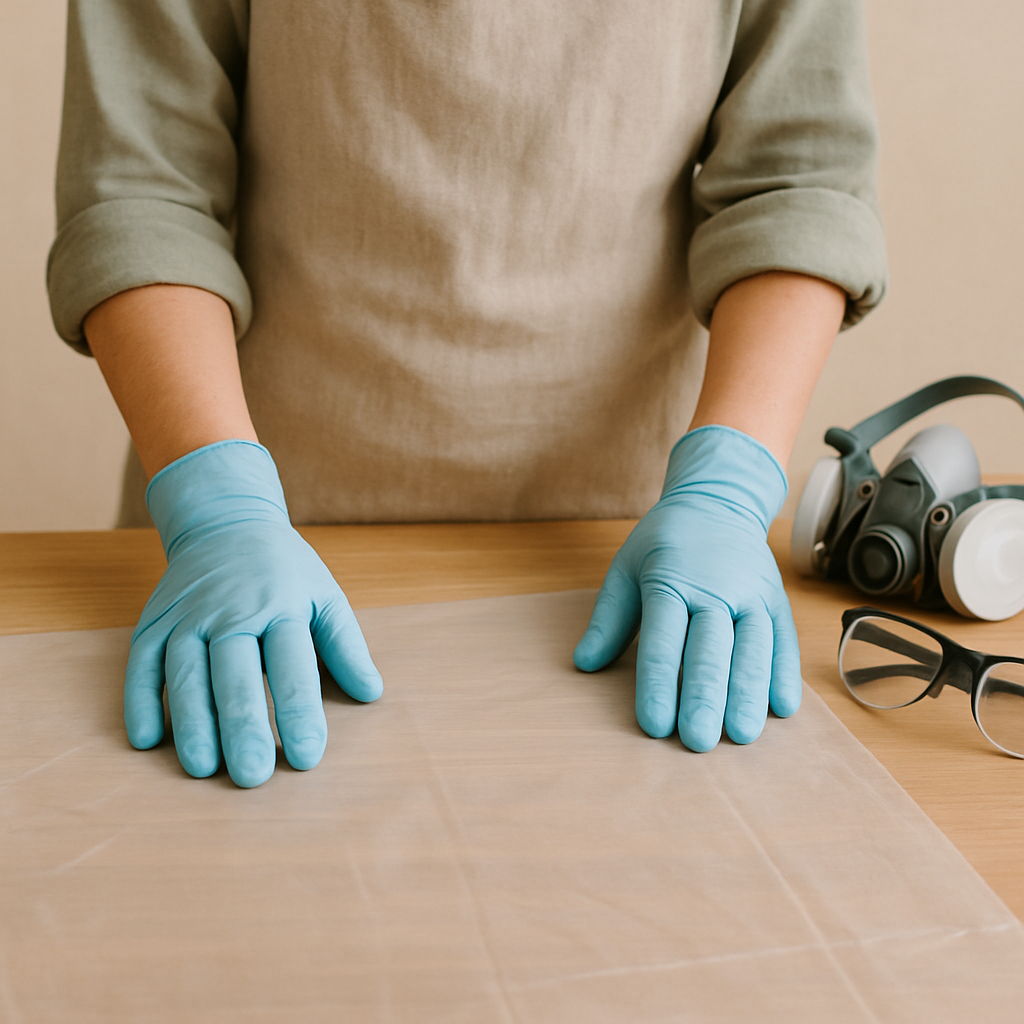 Gloved hands smooth a clear plastic sheet on a pale wood table. A respirator and safety glasses are ready for Crystal Resin Geode Slices.