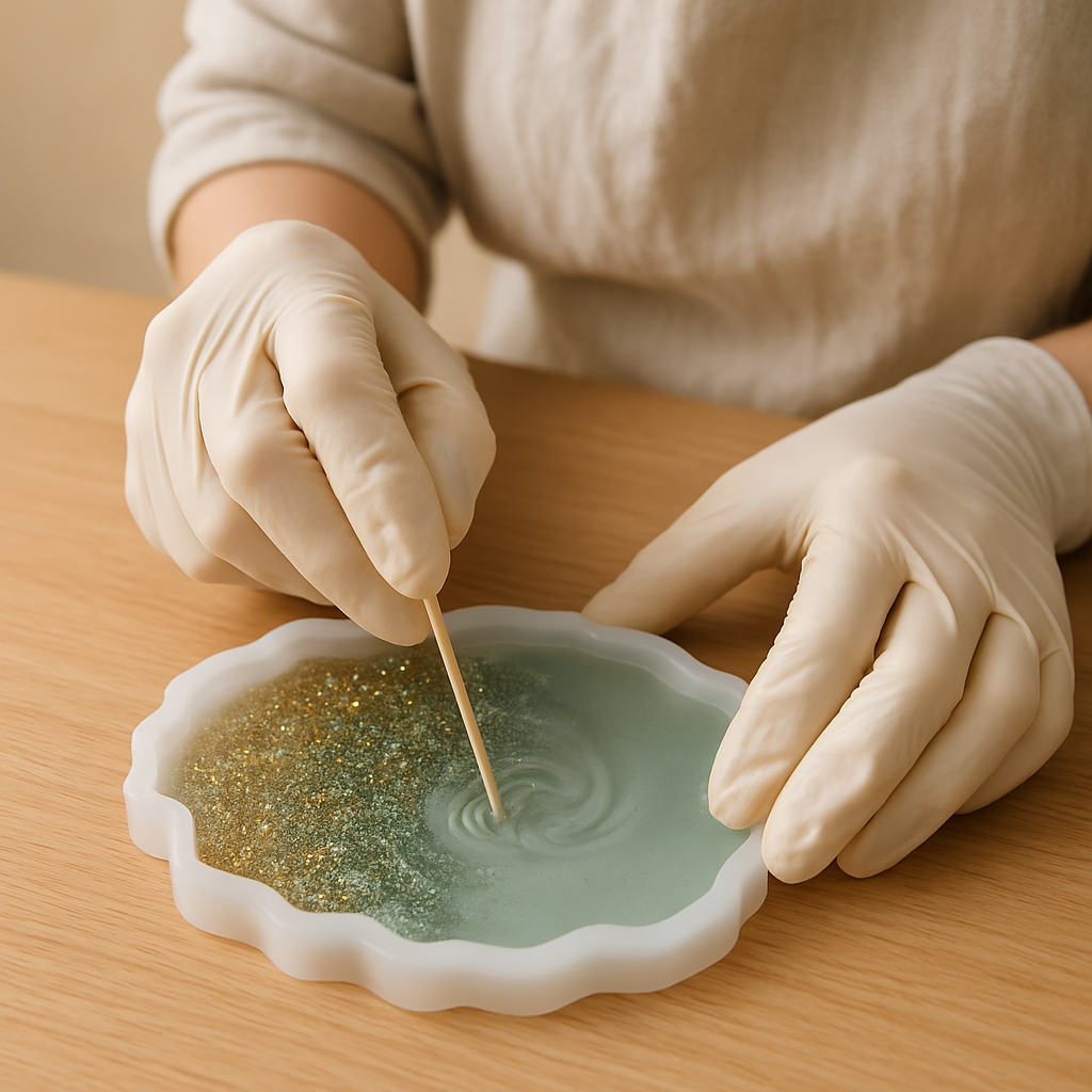 Gloved hands use a toothpick to gently swirl light green resin into gold glitter resin in a white geode mold for Crystal Resin Geode Slices.