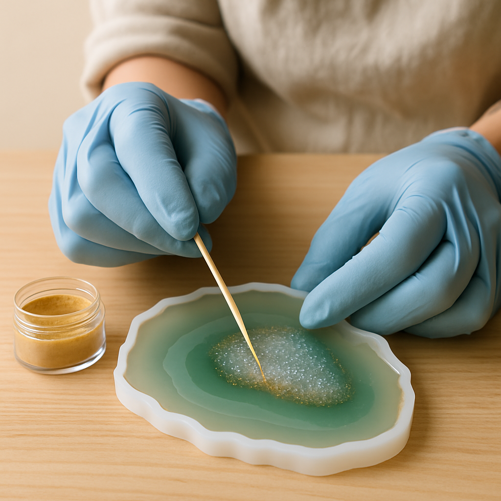 Gloved hands use a toothpick to apply gold mica powder to the glitter edge of a green Crystal Resin Geode Slice.