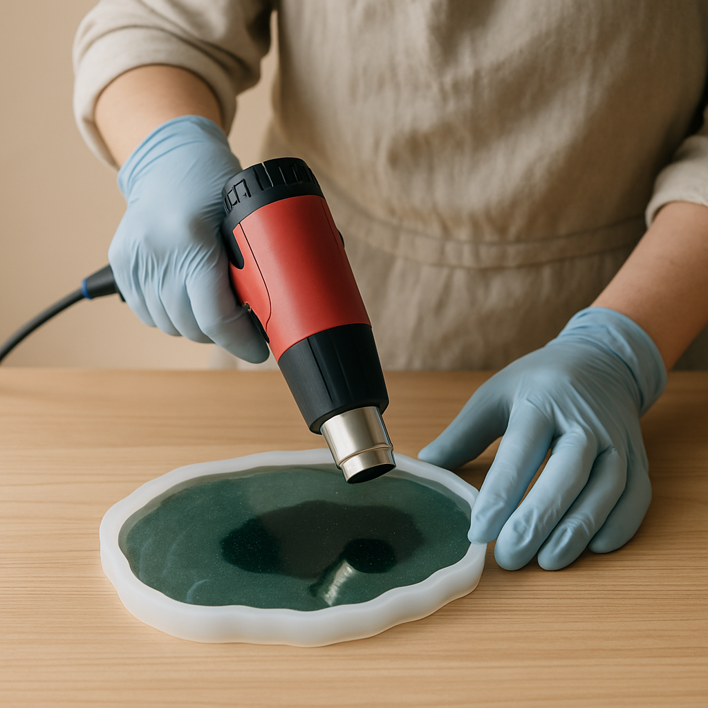 Adult hands in blue gloves hold a red heat gun over dark green resin in a white geode mold on a pale oak table to pop bubbles.