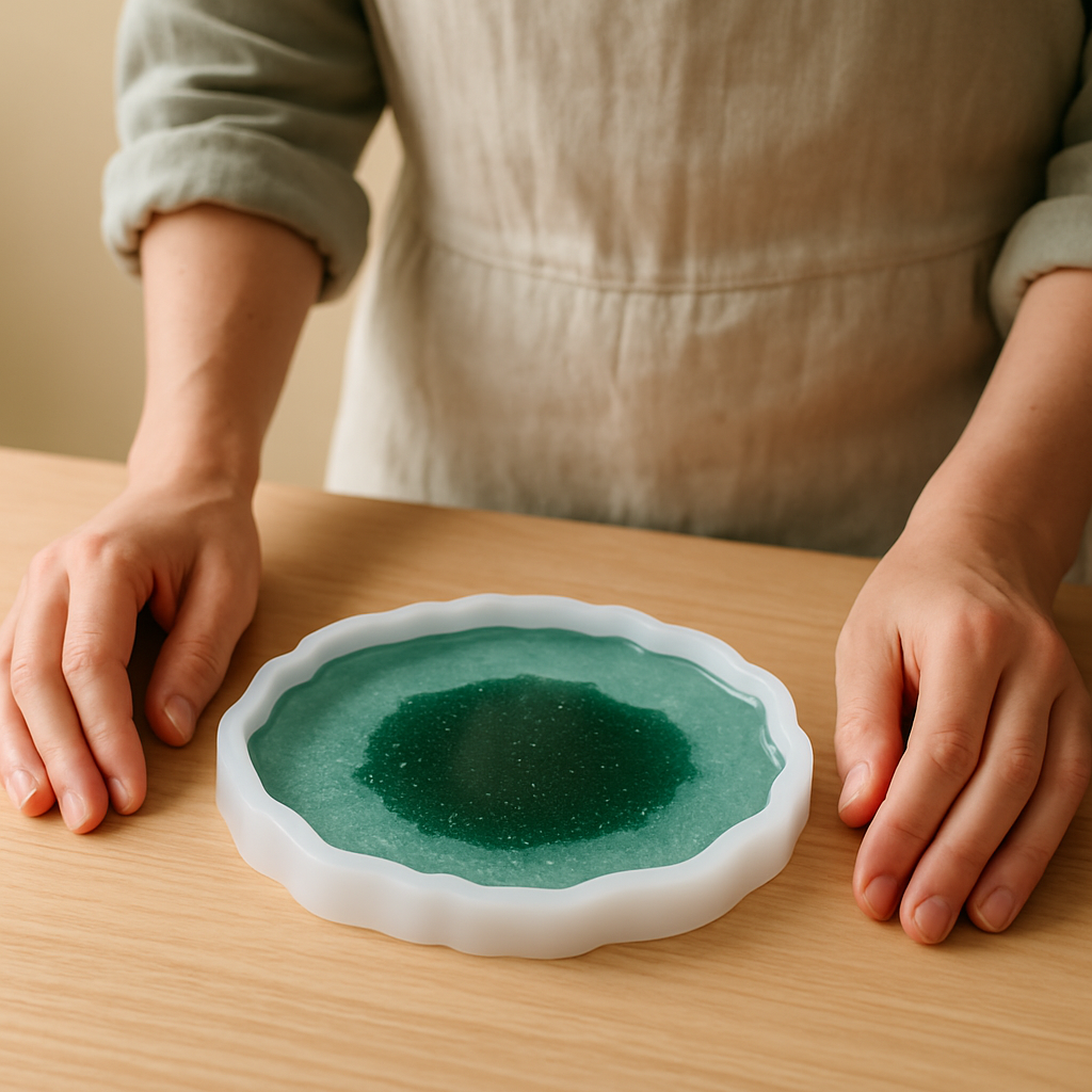 Hands rest on a pale wood table beside a white silicone mold filled with green resin, curing for Crystal Resin Geode Slices.