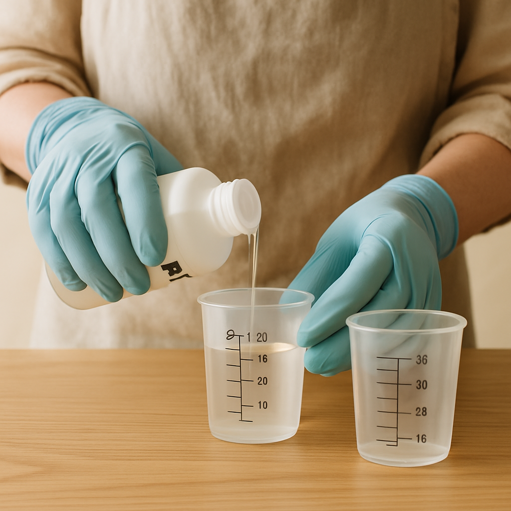 Hands in blue gloves pour clear resin from a bottle into a graduated measuring cup for Crystal Resin Geode Slices. An empty cup sits on a pale wood table.