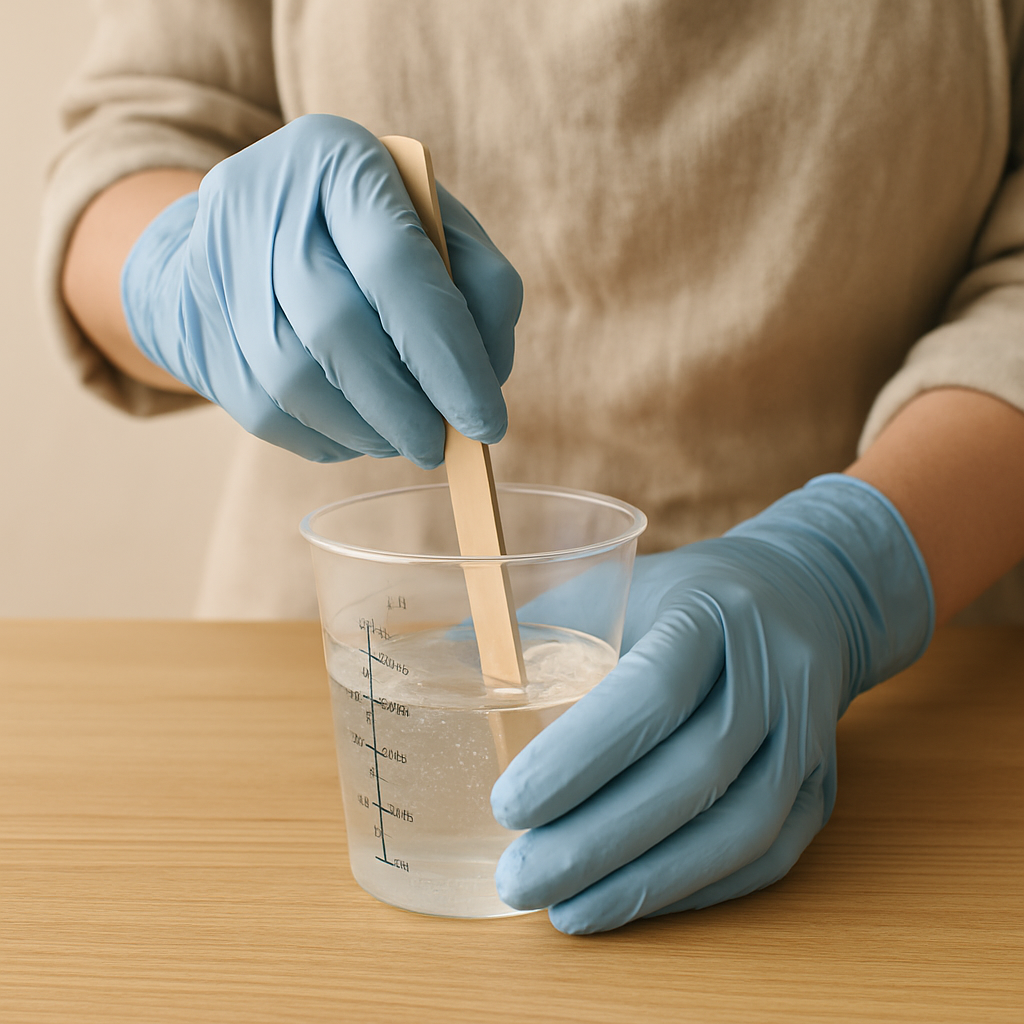 Gloved hands stir clear epoxy resin with a wooden stick in a graduated cup on a pale wood table for Crystal Resin Geode Slices.