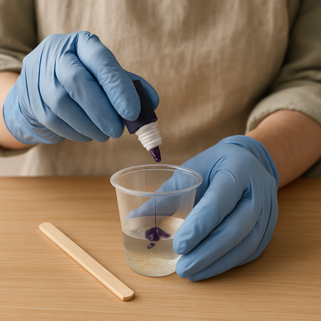 Gloved hands add deep purple dye from a dropper bottle into a clear cup of epoxy resin for Crystal Resin Geode Slices. A wooden stir stick rests on the table.
