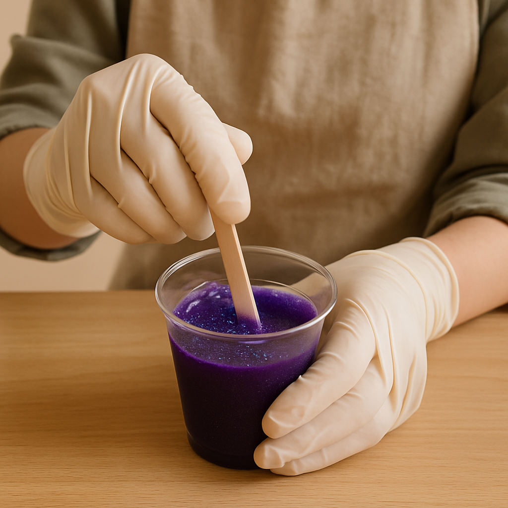 Gloved hands stir deep purple resin with iridescent glitter in a clear cup on a light wood table for Crystal Resin Geode Slices.