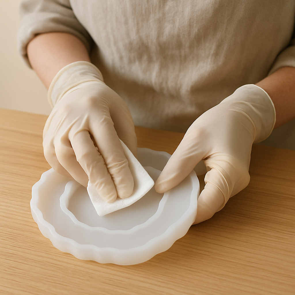Gloved hands wipe a white silicone geode slice mold with a paper towel on a pale wood table, preparing for Crystal Resin Geode Slices.
