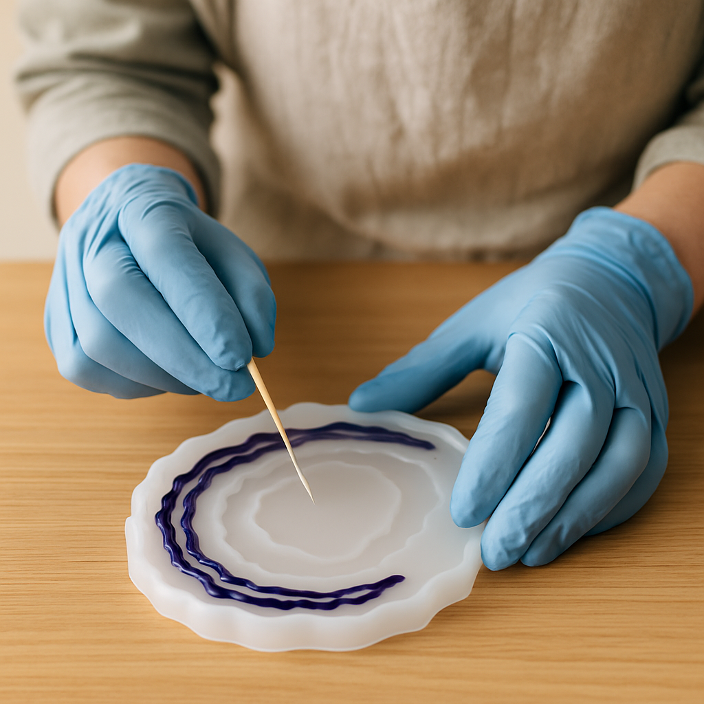 Gloved hands use a toothpick to drip deep purple resin in irregular lines along the edge of a white silicone geode slice mold for a Crystal Resin Geode Slices tutorial.