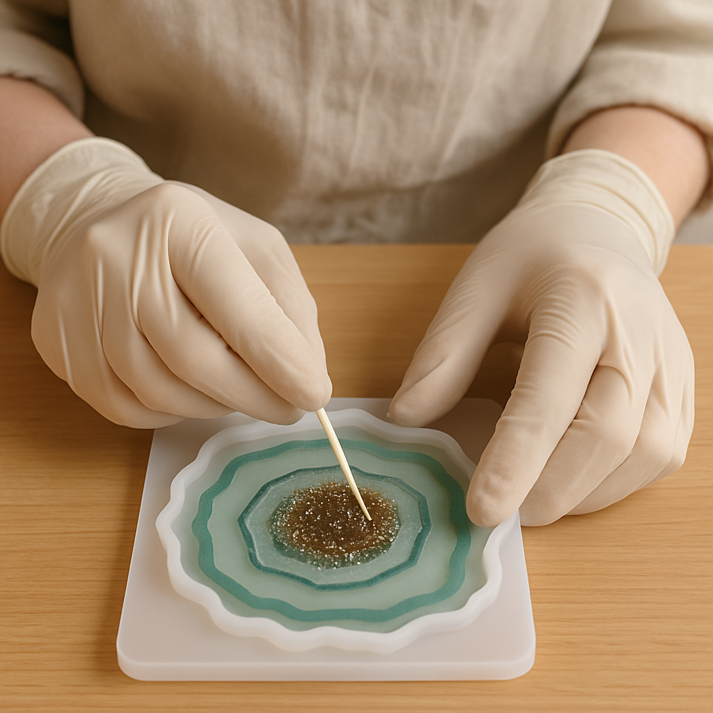 Gloved hands use a toothpick to add glitter resin to the center of a teal Crystal Resin Geode Slice in a silicone mold on wood.