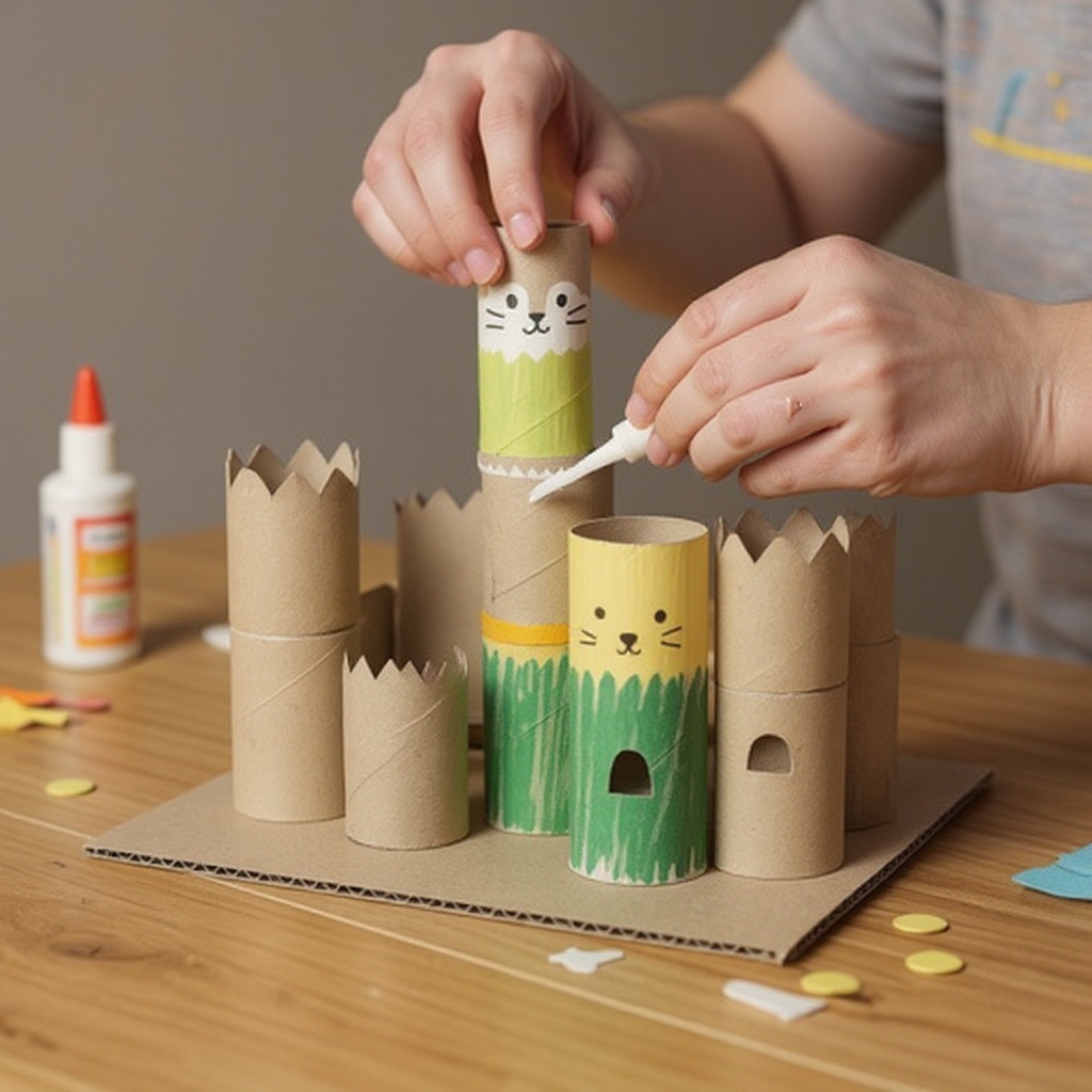 Step 6: Begin assembling your castle by gluing tubes together. Hold them in place for a 