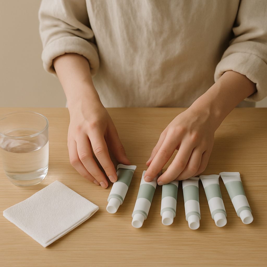 Adult hands in an oatmeal linen shirt arrange green acrylic paint tubes, a water cup, and paper towels on a pale wood table.