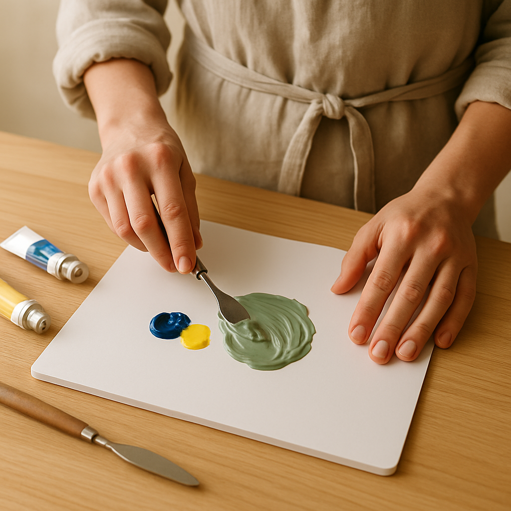 Adult hands mix Ultramarine Blue and Cadmium Yellow acrylic paint on a white palette pad with a knife, creating muted green for Beginner Acrylic Paint Essentials.