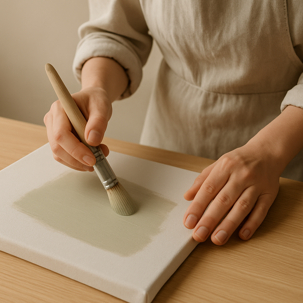 Adult hands in linen apron apply smooth, muted green acrylic paint strokes onto a canvas with a synthetic brush. Beginner Acrylic Paint Essentials.