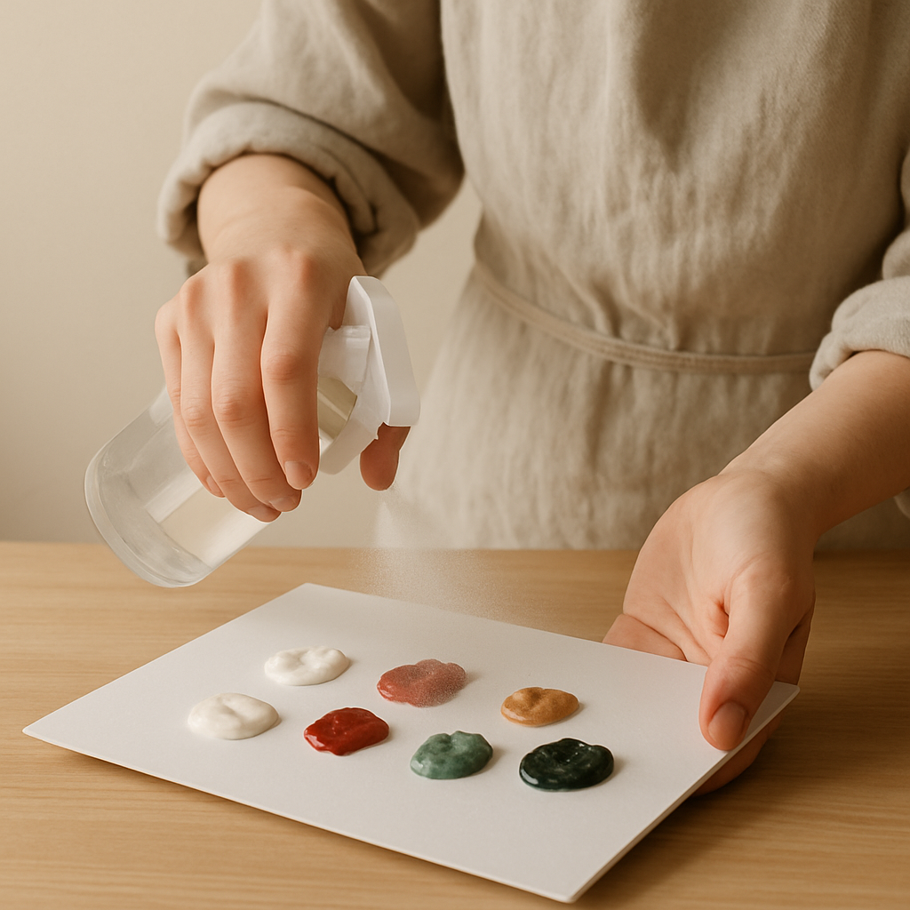 Adult hands in a linen apron lightly mist acrylic paints on a white palette pad with a spray bottle on a pale oak table.