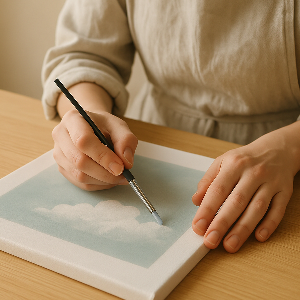 Hands in an oatmeal apron use a round brush to add white acrylic highlights to painted clouds on canvas for Beginner Acrylic Paint Essentials.