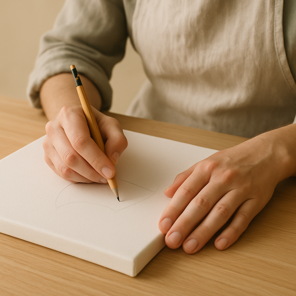 Adult hands in an apron lightly sketch a simple outline with an HB pencil onto a stretched canvas on an oak table for Beginner Acrylic Paint Essentials.