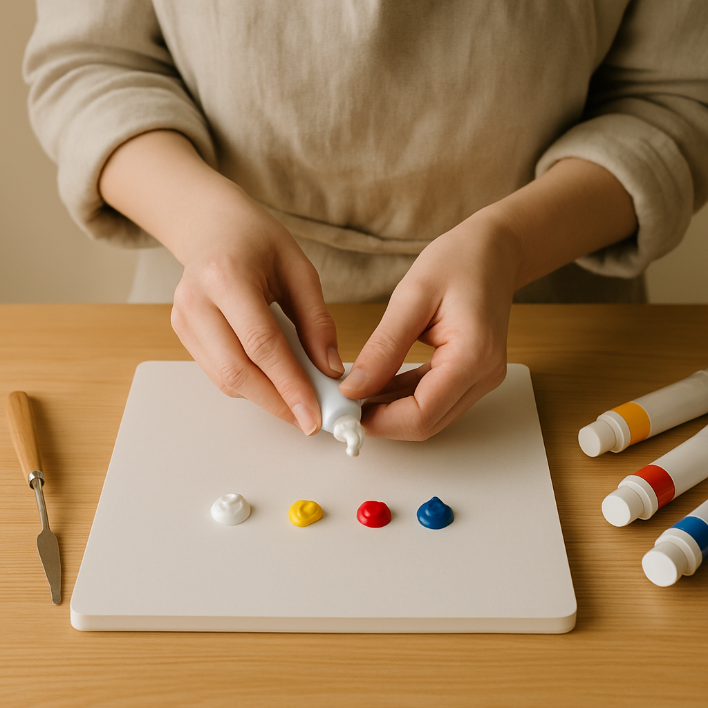 Hands in an oatmeal apron squeeze white acrylic paint onto a palette with yellow, red, and blue dollops for Beginner Acrylic Paint Essentials.