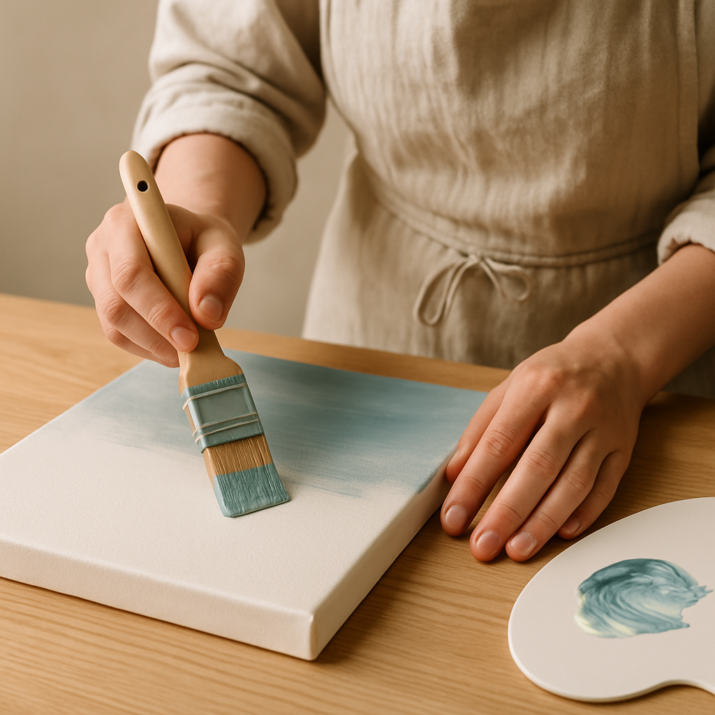 Adult hands in a linen apron use a 1-inch flat brush to apply muted blue and white acrylic paint in smooth strokes to a stretched canvas background.