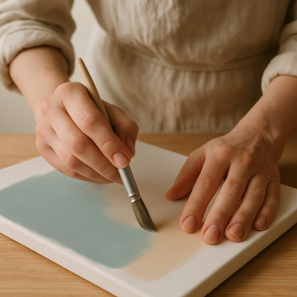 Adult hands in an oatmeal apron blend muted blue and soft beige acrylic paint on canvas with a round brush for smooth transitions.