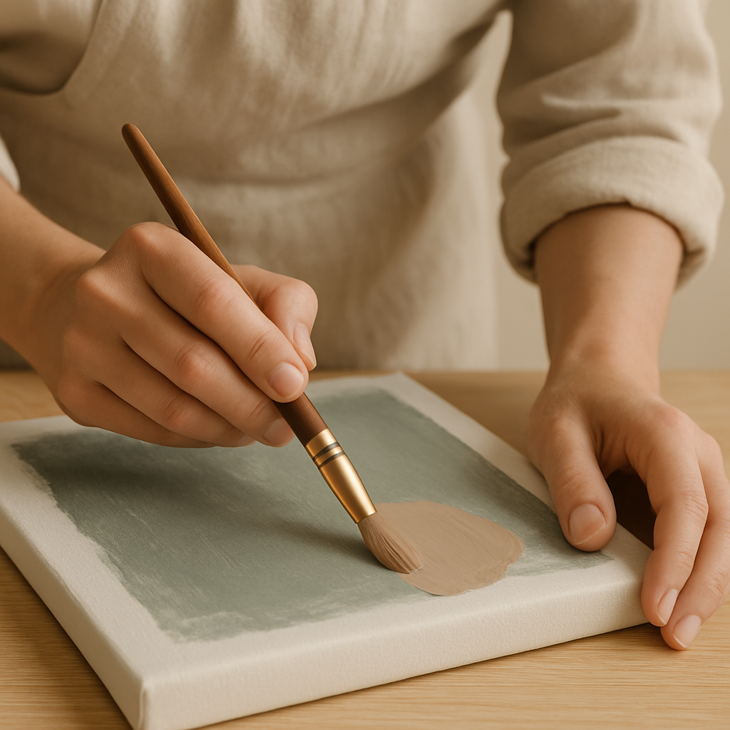 Hands in linen apron apply opaque clay acrylic paint over a dry grey layer on canvas, demonstrating layering for Beginner Acrylic Paint Essentials.