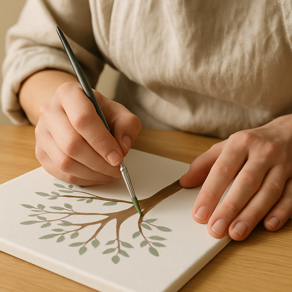Hands in an oatmeal apron use a small round brush with green paint to add leaves to a painted tree on canvas for Beginner Acrylic Paint Essentials.