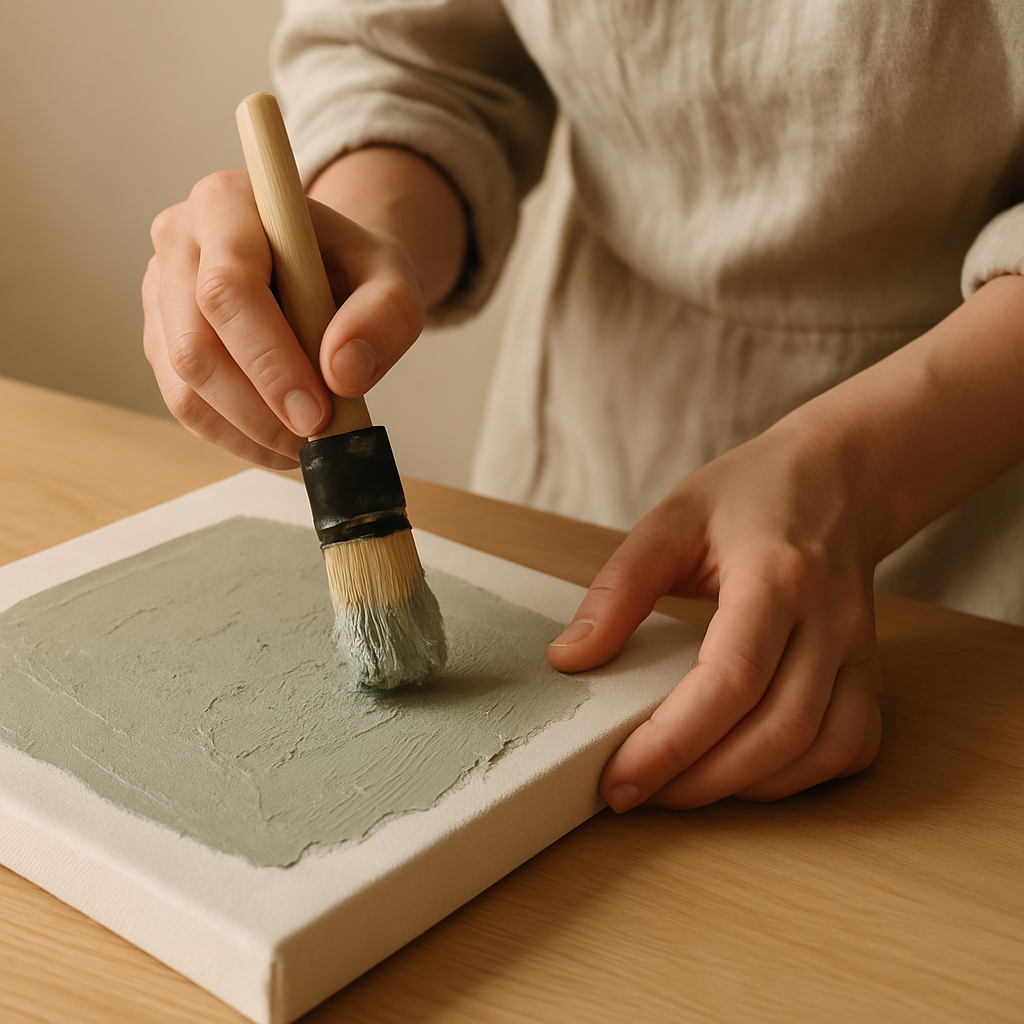 Close-up of hands in an apron dabbing thick muted clay acrylic paint onto a canvas with a brush, creating texture for beginner acrylic paint essentials.