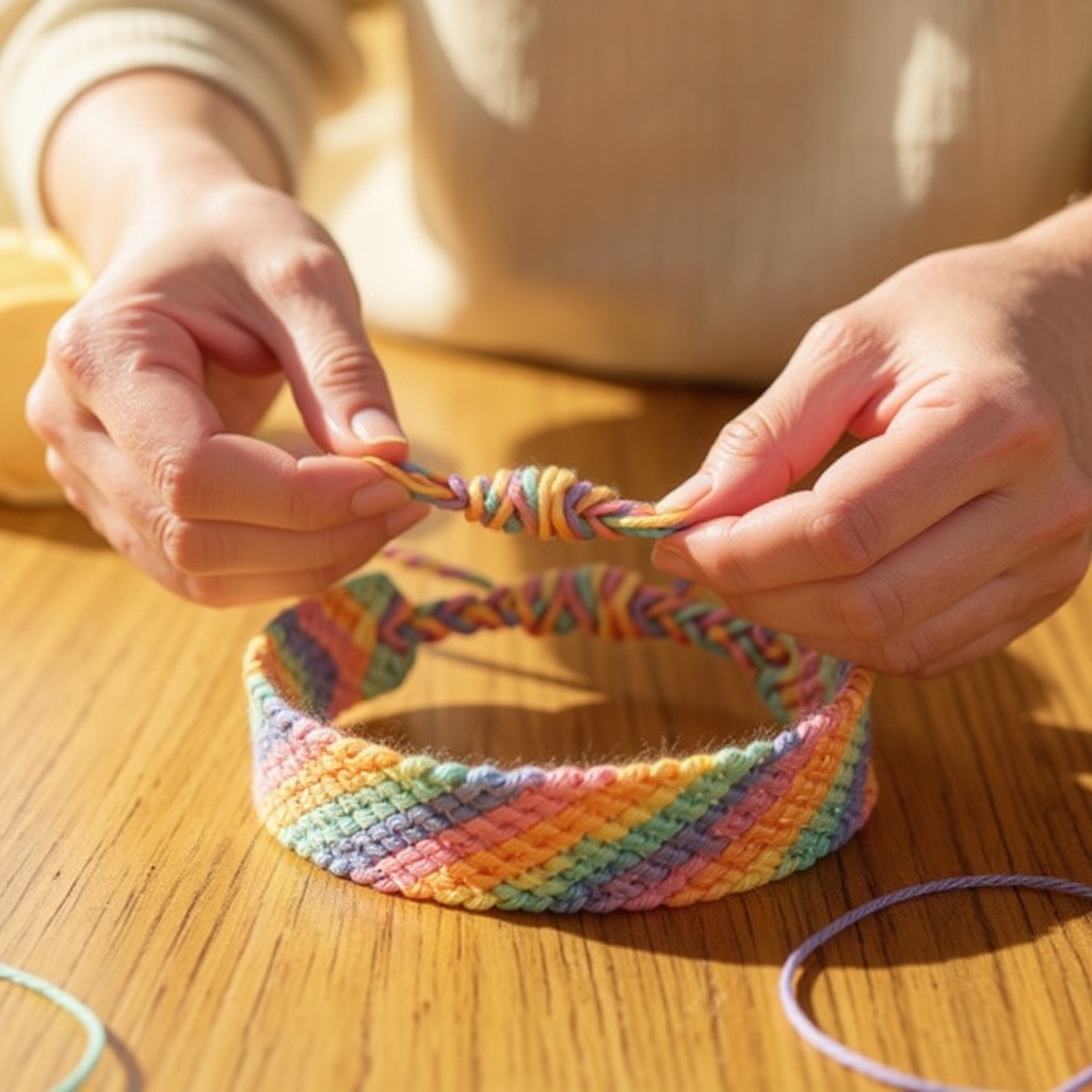 Step 4: Create your first forward knot by taking the end of Color A, bringing it under C