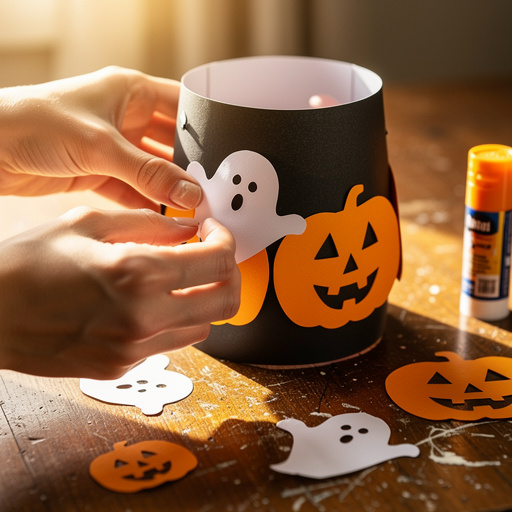 Step 10: Next, add the white cutouts to enhance your spooky characters. Glue the white gh