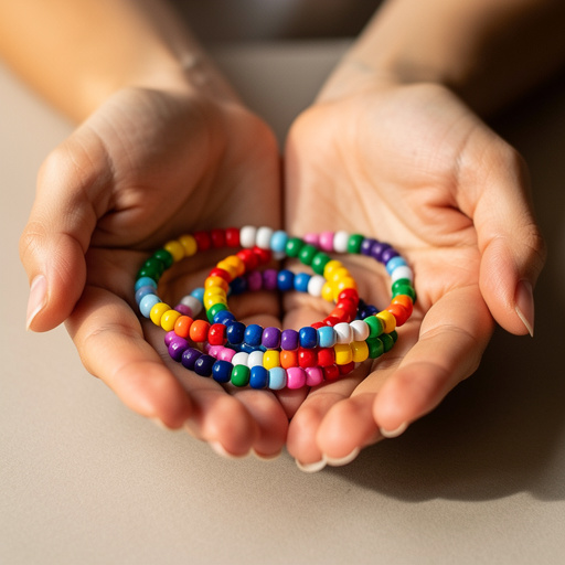 Rainbow Stretch Bead Bracelets held in hand