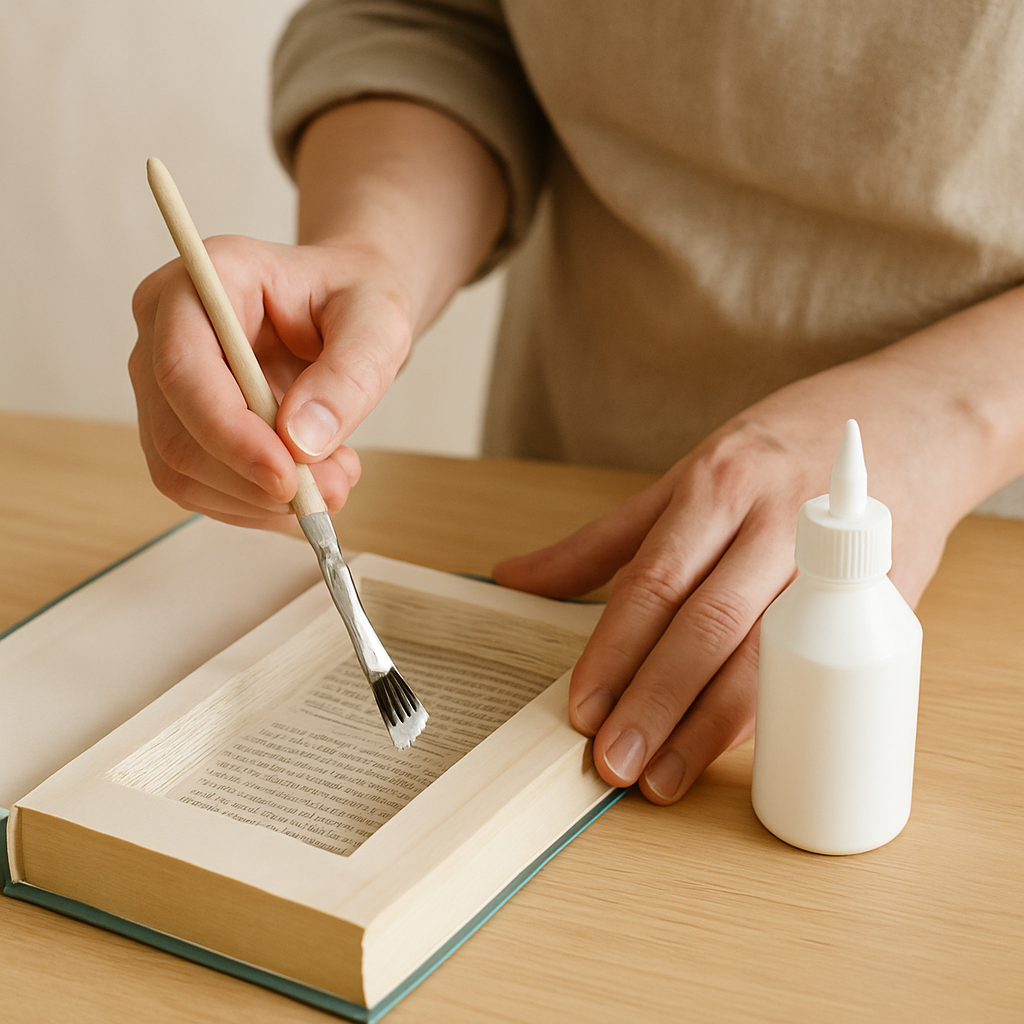 Adult hands brush PVA glue onto the inside wall of a repurposed book secret storage compartment. A glue bottle sits on the oak table.