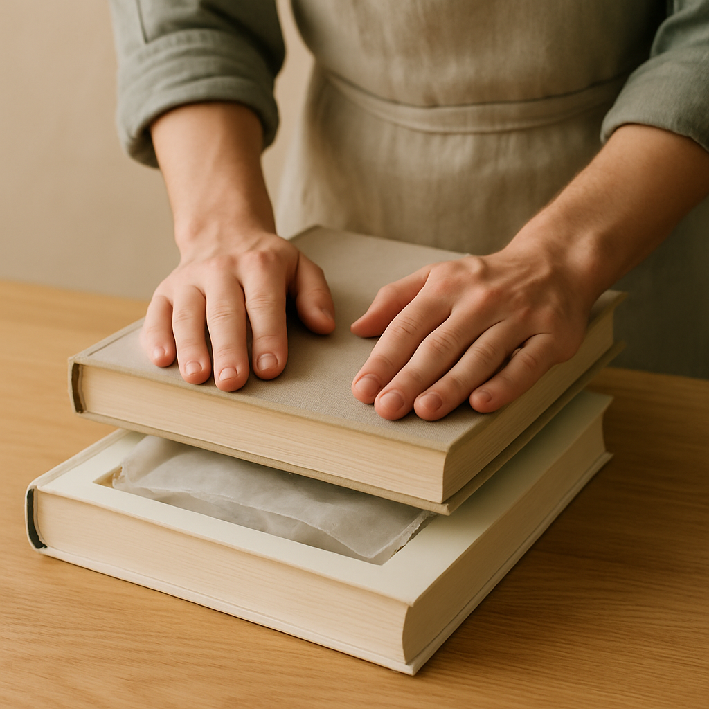 Hands press a hollowed-out book with wax paper inside by placing another book on top, securing the repurposed book secret storage.