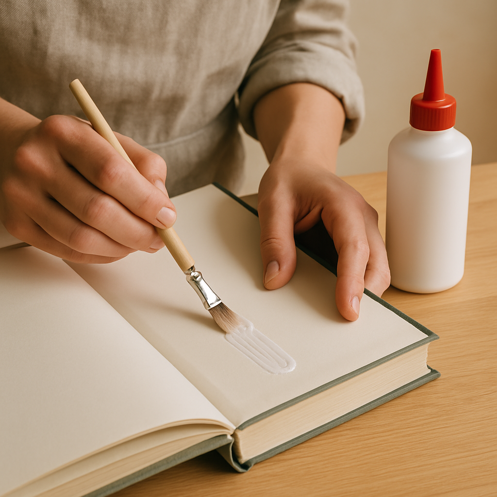 Adult hands brush PVA glue onto the inside front cover of a hardcover book near the spine for Repurposed Book Secret Storage.