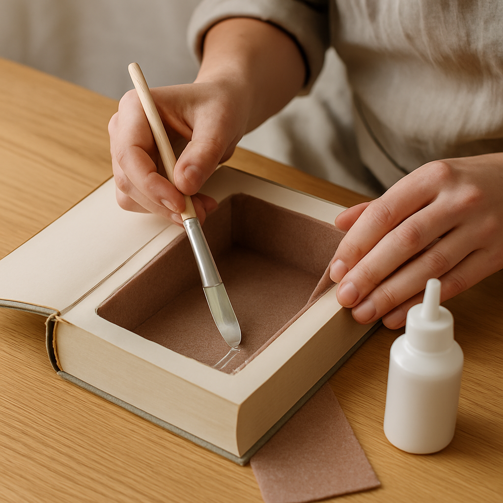 Hands use a paintbrush to apply glue to muted clay felt lining a Repurposed Book Secret Storage compartment on an oak table.