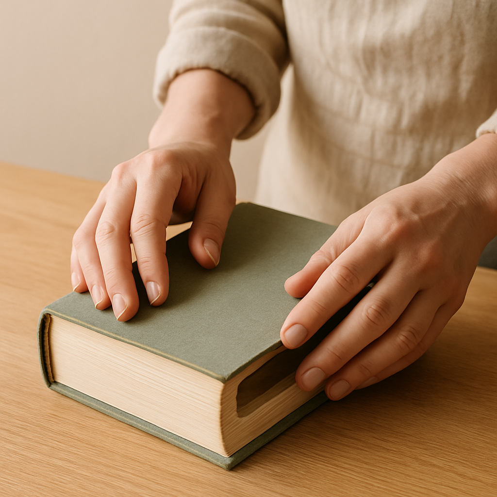Hands gently close a green repurposed book secret storage box, compartment visible, on a pale oak table.