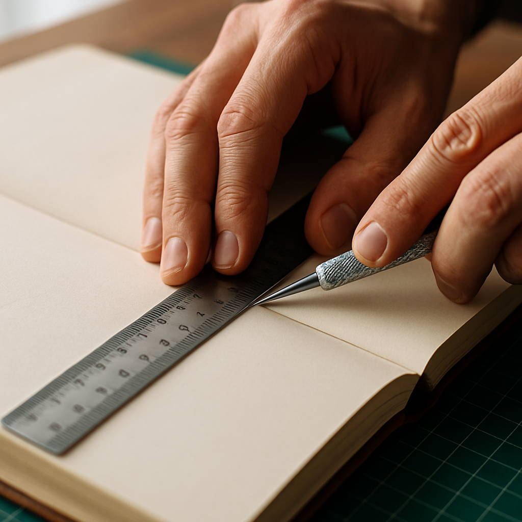 Step 5: Step 5: Initial Cuts - The Spine Edge. Place your metal ruler precisely along th
