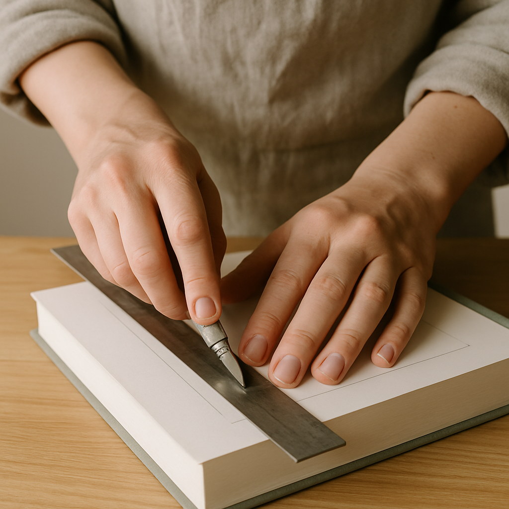 Adult hands guide a craft knife along a metal ruler, cutting the spine edge of a marked book for secret storage.