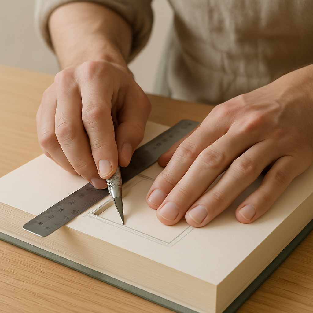 Adult hands use a craft knife and metal ruler to deepen cuts into a hardcover book's pages for secret storage.