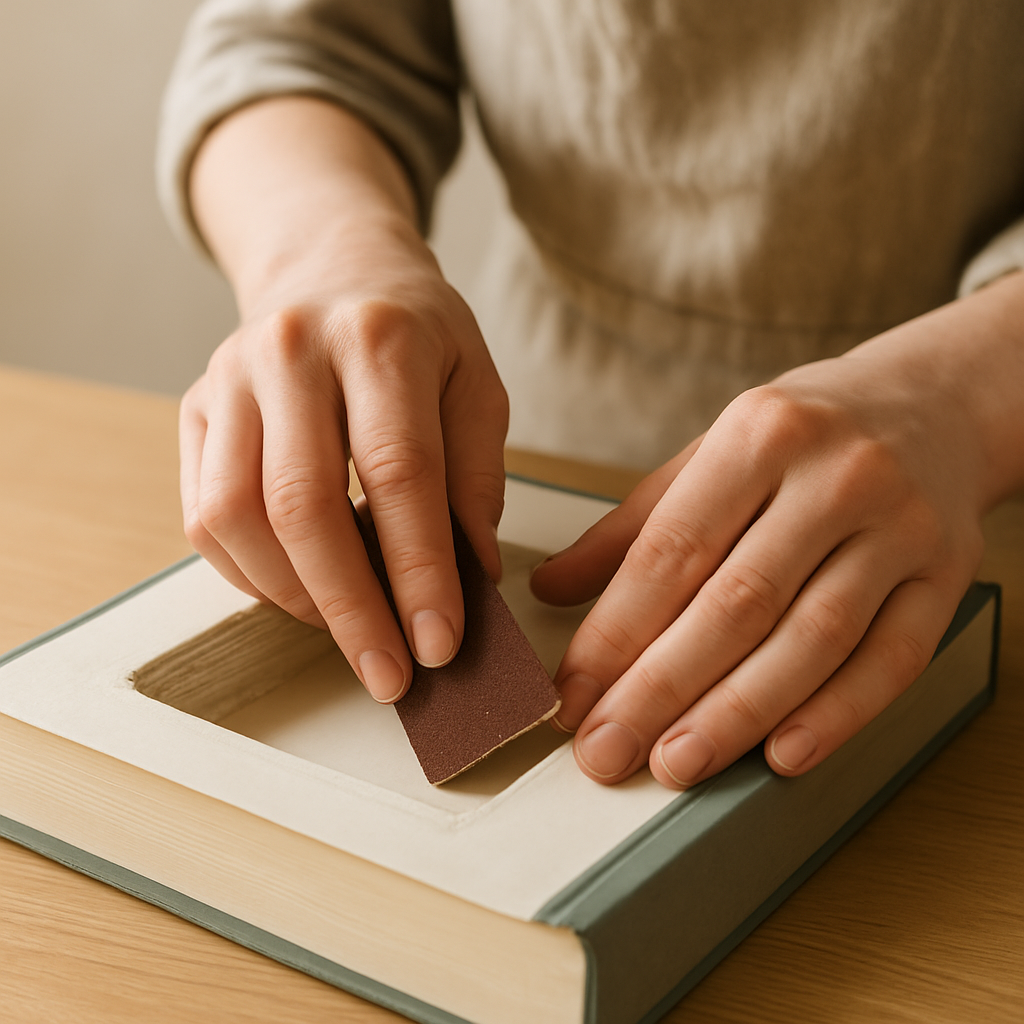 Adult hands use fine-grit sandpaper to smooth the rough inside edges of a newly cut compartment in a hardcover book for secret storage.