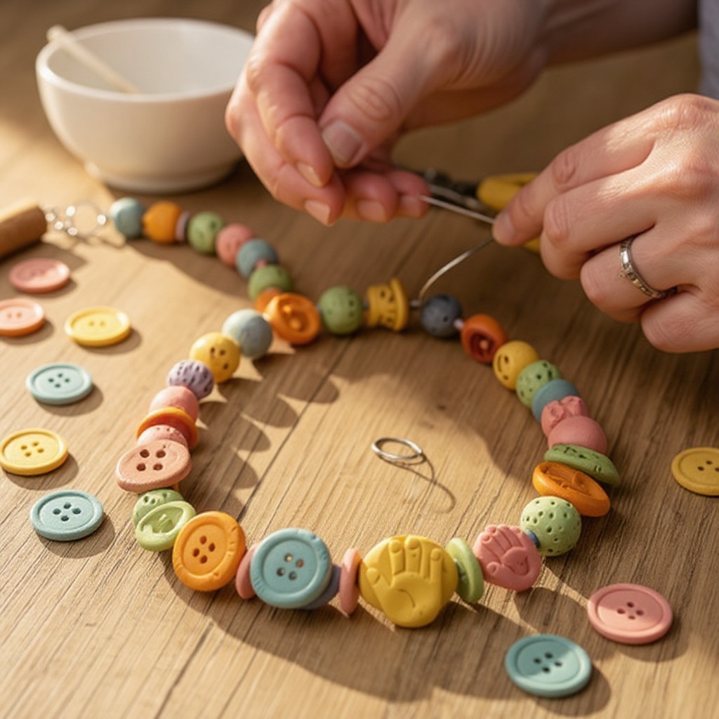 Step 10: Begin threading your dried and decorated beads onto the cord, alternating with a