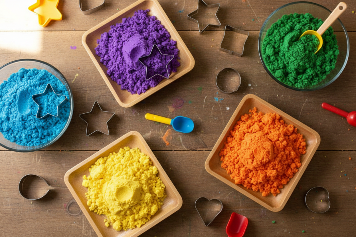 Multiple Homemade Kinetic Sand crafts from above