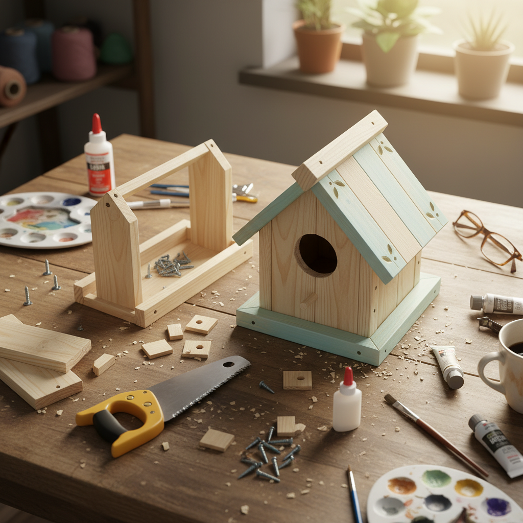 Multiple DIY Wooden Birdhouse crafts from above