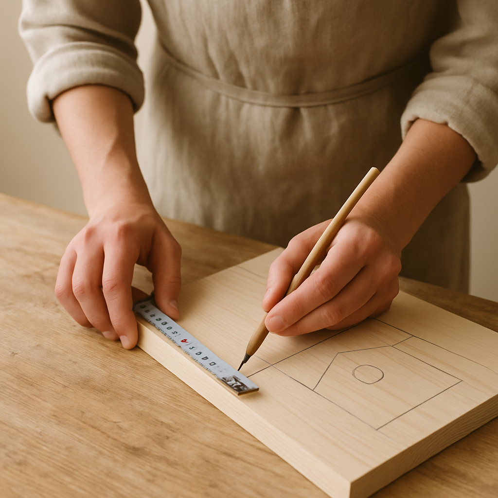 Hands in a linen apron measure and mark a pale pine board with a pencil and ruler. Birdhouse components for a Timberland Bird Abode are drawn on the wood.