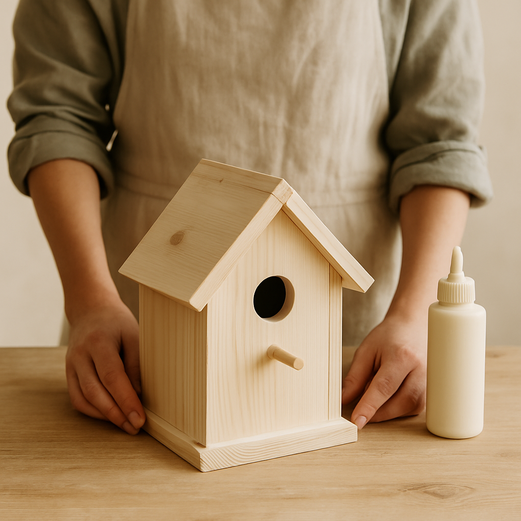 A fully assembled pale pine Timberland Bird Abode rests on a light oak table. A person's hands are nearby, next to a bottle of wood glue.