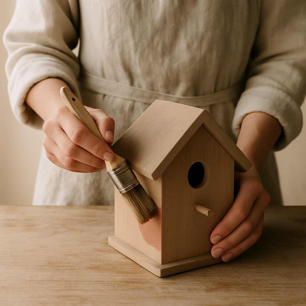 Adult hands in a linen apron apply muted clay stain to the exterior of a pale pine Timberland Bird Abode with a brush.