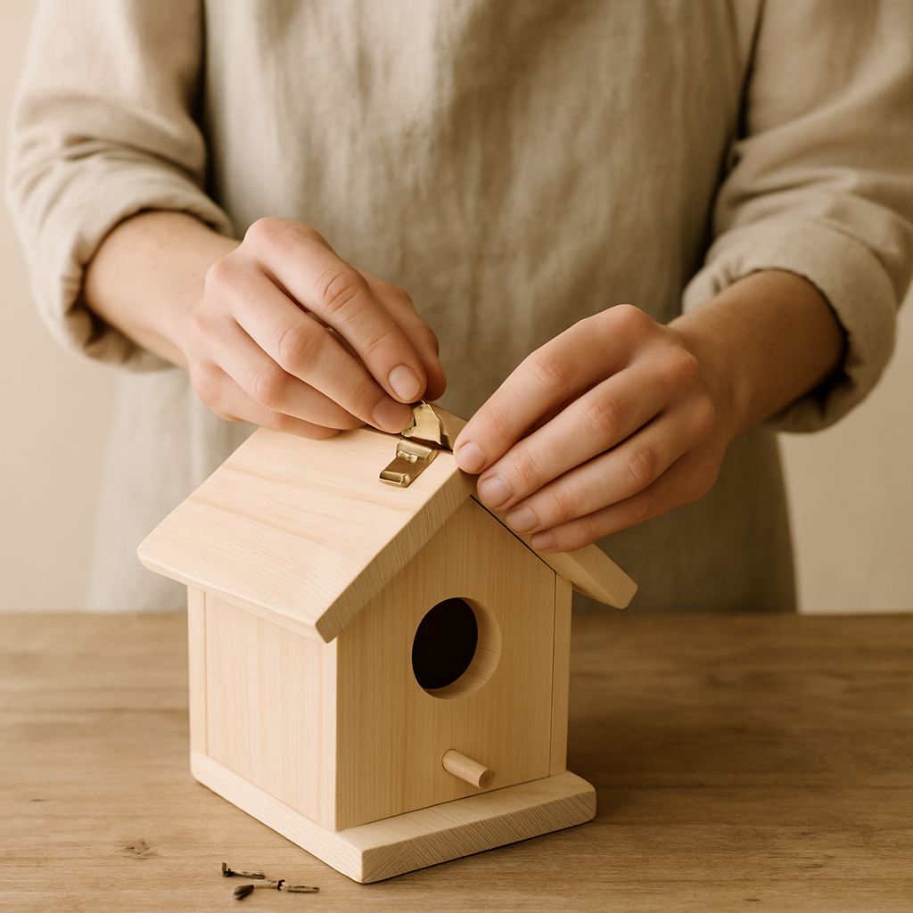 Adult hands in a linen apron position a small brass hinge on the pale pine roof of a Timberland Bird Abode.
